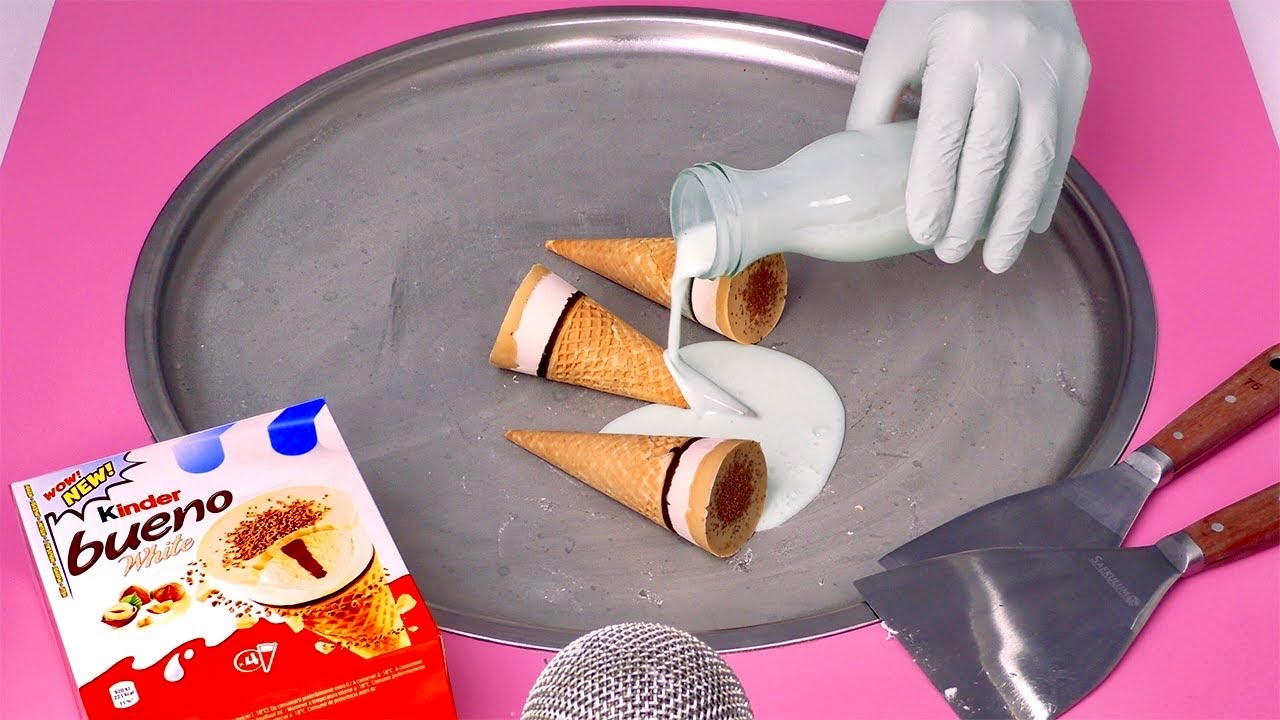 ASMR | Kinder Bueno White Ice Cream - how to make Ice Cream Cone to Ice Cream Rolls - Ice Cream Hack