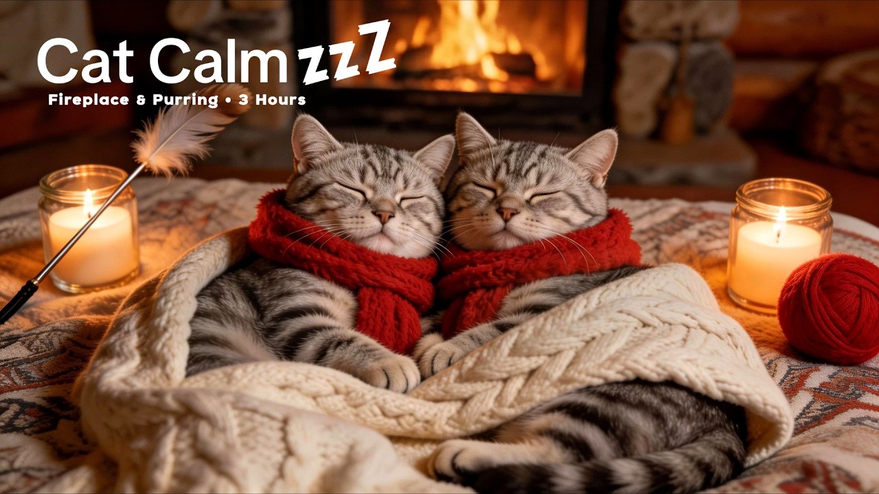Cozy Fireplace & Cat Purring 3 Hours | Deep Sleep & Relaxation Ambience 🐱🔥