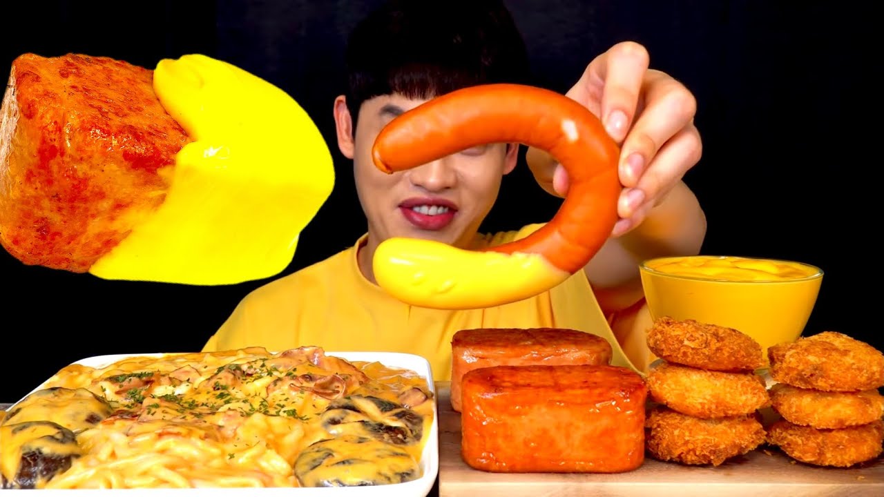 ASMR 불닭크림우동면🥵킬바사 소세지 통스팸 넙적새우튀김 치즈소스 찍먹방~!Spicy Cream Noodles With Kielbasa Spam 🧀 Sauce MuKbang~!