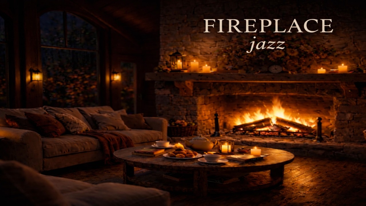 Fireplace Jazz – Autumn Cabin Rain (1 Hour)