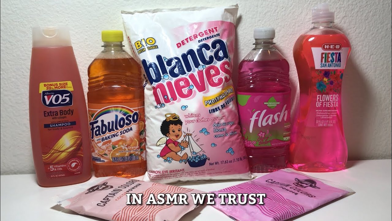 ASMR Pink Flash, Orange Fabuloso, Captain Colors Powder, Blanca Nieves, HEB Dish Soap & VO5 Shampoo