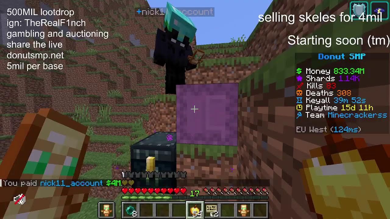 LIVE DONUT SMP RATING BASES 10M PER BASE ELYTRA AUCTIONS AND 500MIL LOOTDROP SELLING SKELES FOR 4M