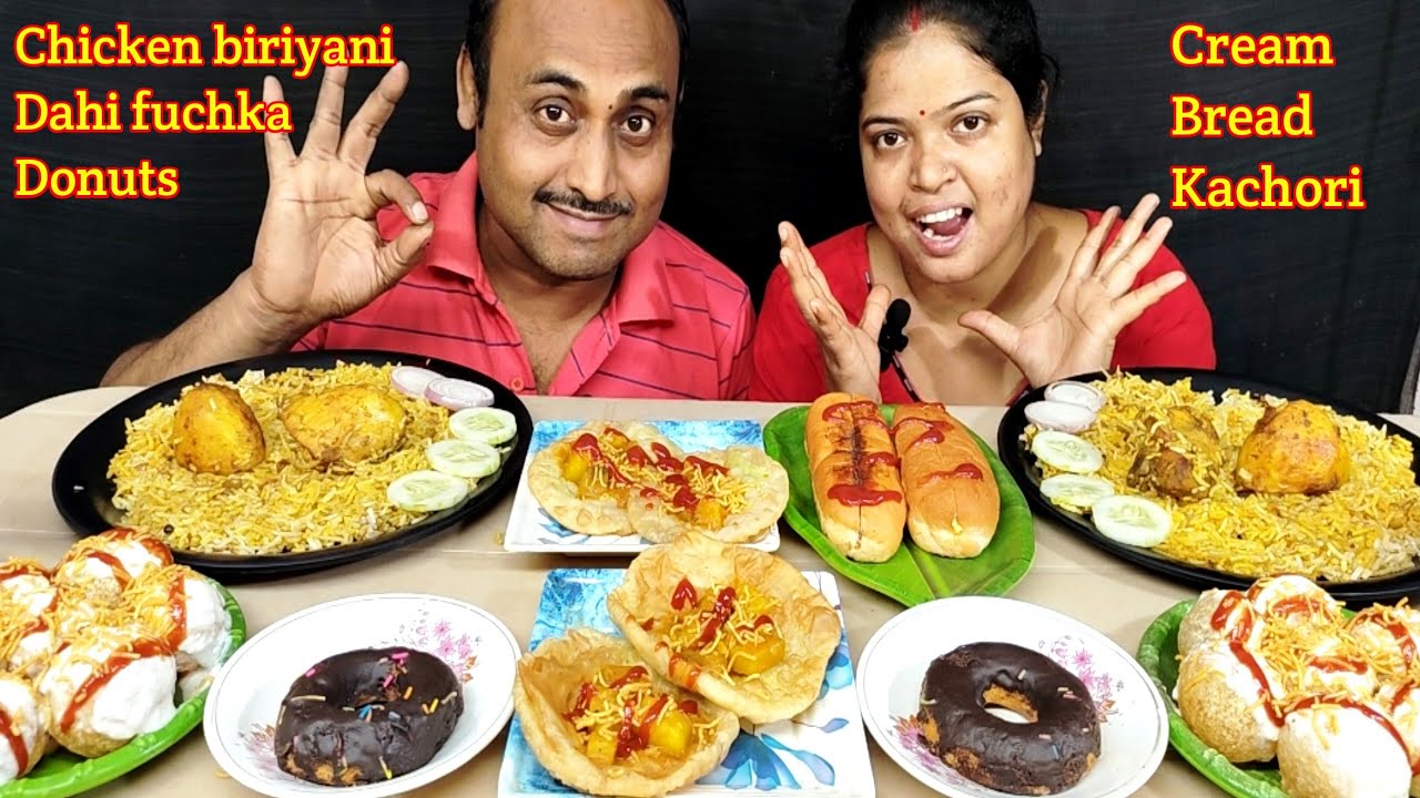 CHICKEN BIRIYANI DAHI FUCHKA DONUTS KACHORI CREAM BREAD EATING CHALLENGE