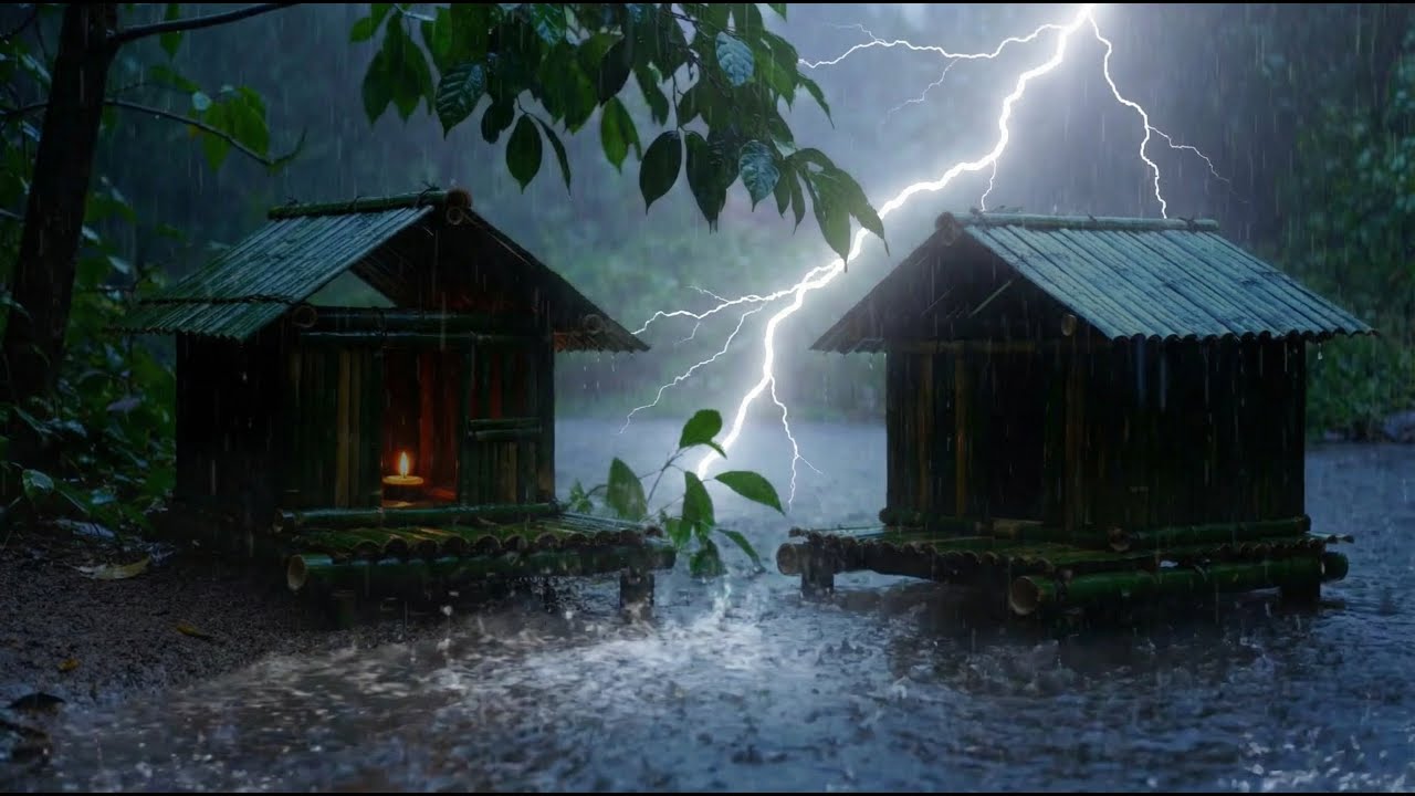 Heavy Rain on a Small Cabin at Night | Thunderstorm ASMR for Stress Relief