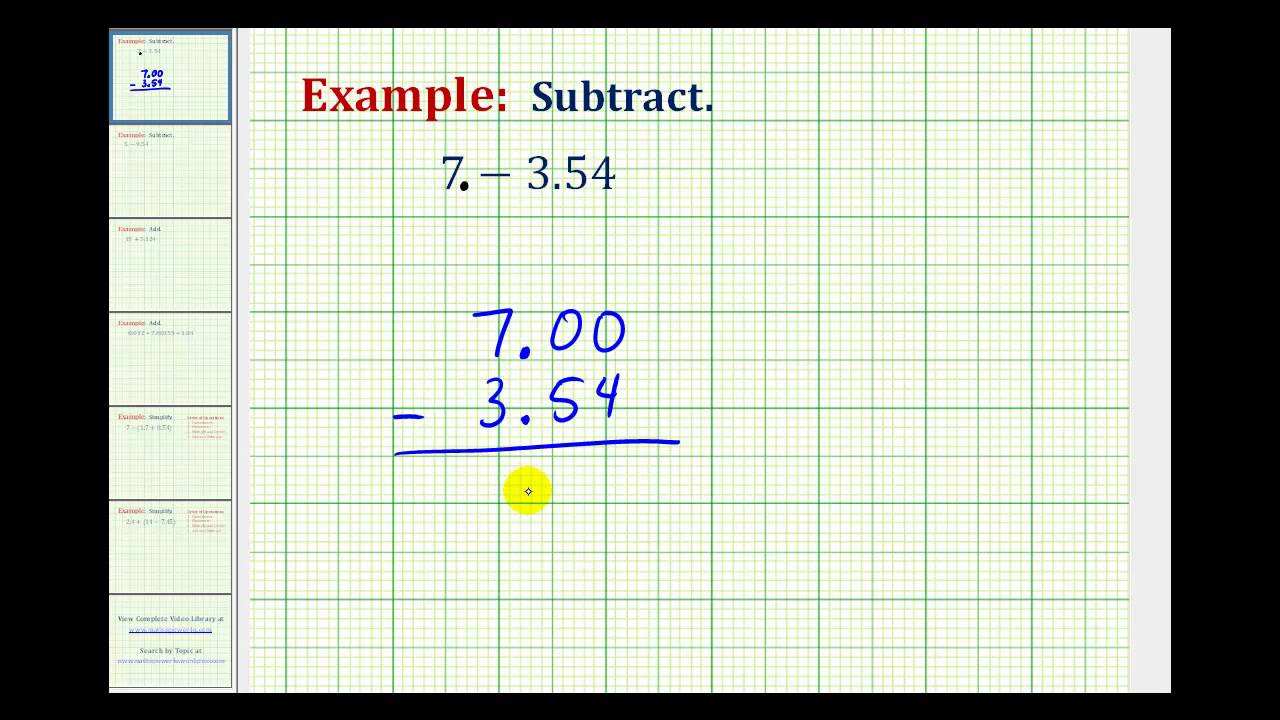 Ex:  Subtract a Decimal from a Whole Number (Positive Result)