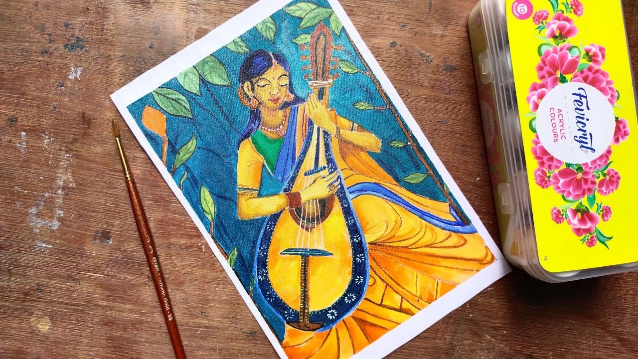 Saraswati Devi Acrylic Painting || Saraswati Mata Canvas Painting