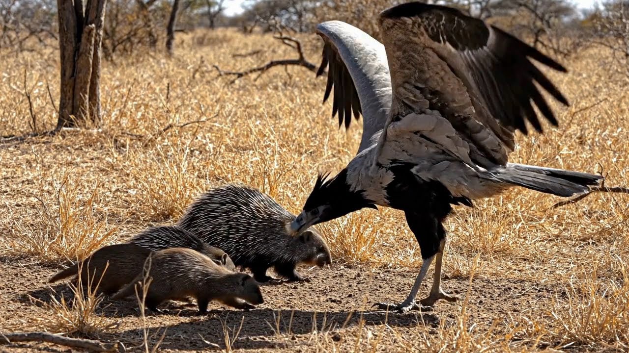 Secretary Bird vs Porcupine & Mongoose Family! Savage African Wildlife Battle.