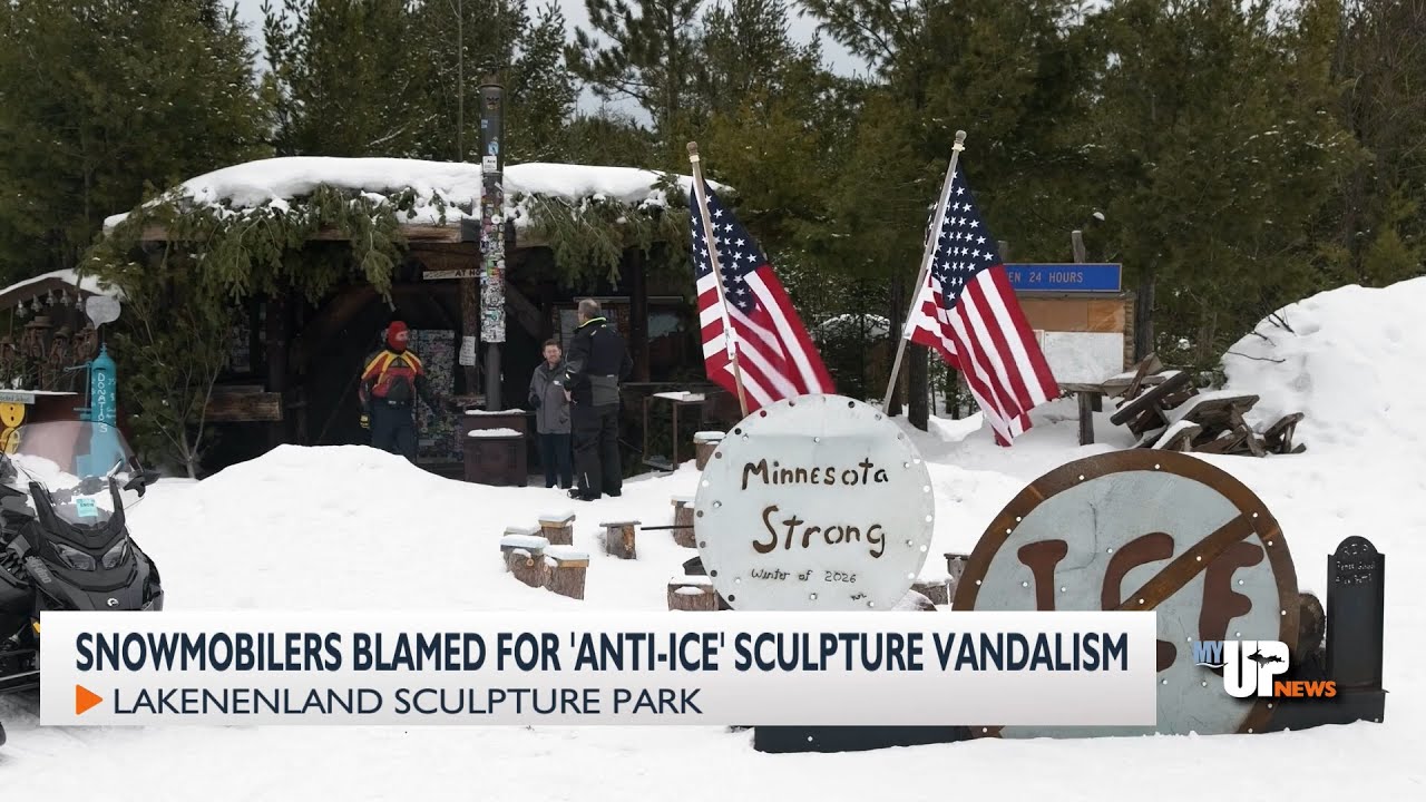 Snowmobilers blamed for vandalism of 'anti-ICE' sculpture at Lakenenland