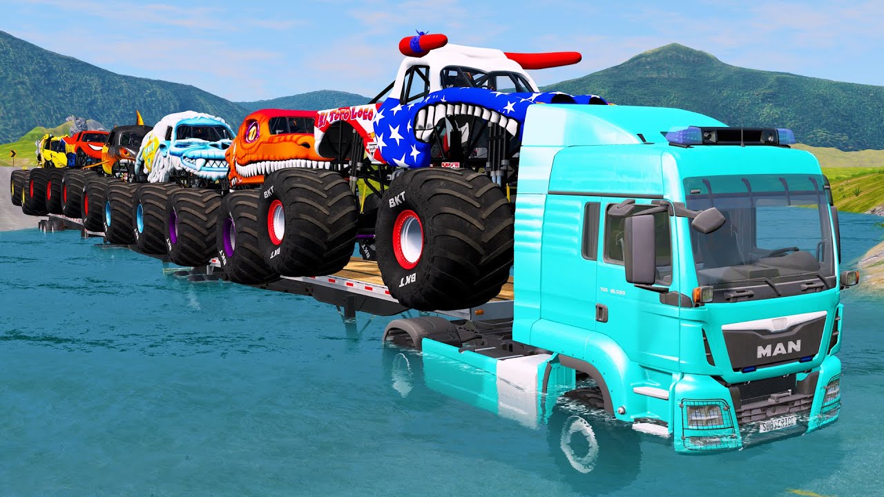 Double Flatbed Trailer Monster Trucks Transport with Slide Color - Cars vs Speed bump - BeamNG.drive