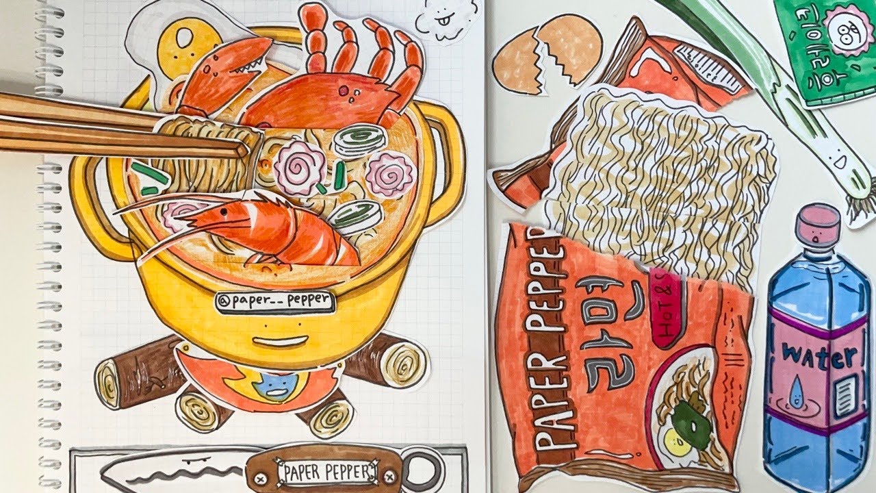 [🚀paper diy] Seafood ramen🍜 해물 라면 ASMR 🔇No music 종이놀이 paper pepper