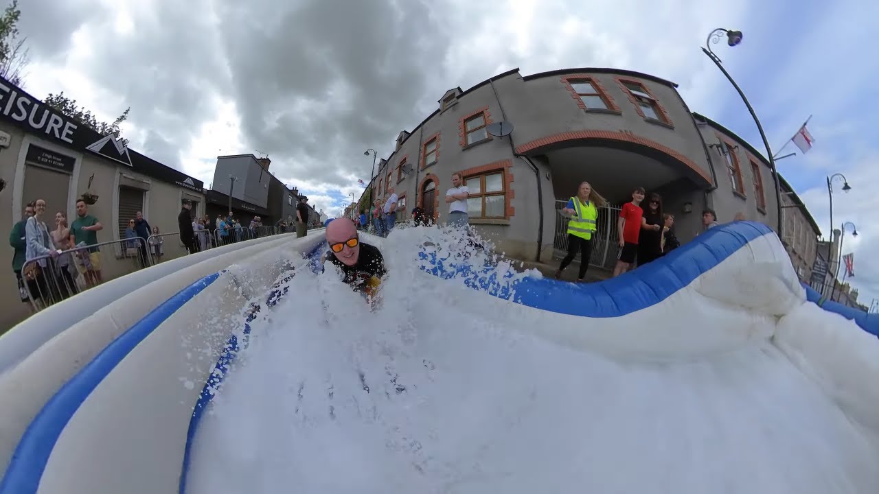 Comber slide 2022 Slidecam: Riding the water slide down Comber High Street,Northern Ireland