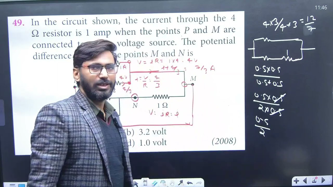 In the circuit shown, the current through the 4 W resistor is 1 amp when the points P and M are ...