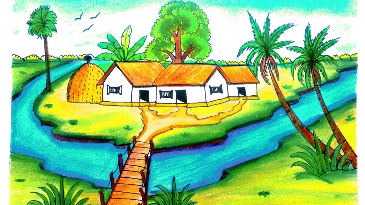 How to Draw Easy Beautiful Village Scenery drawing step by step.