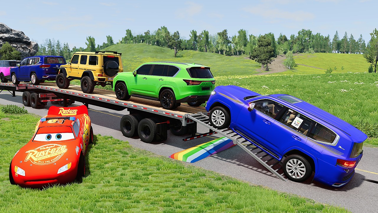 Flatbed Truck McQueen | Transportation with Truck - Speedbumps vs Cars vs Train - BeamNG.Drive #41