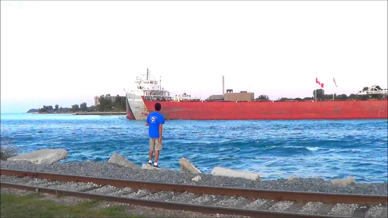 Three lake freighters under the Blue Water Bridge, Port Huron, Michigan
