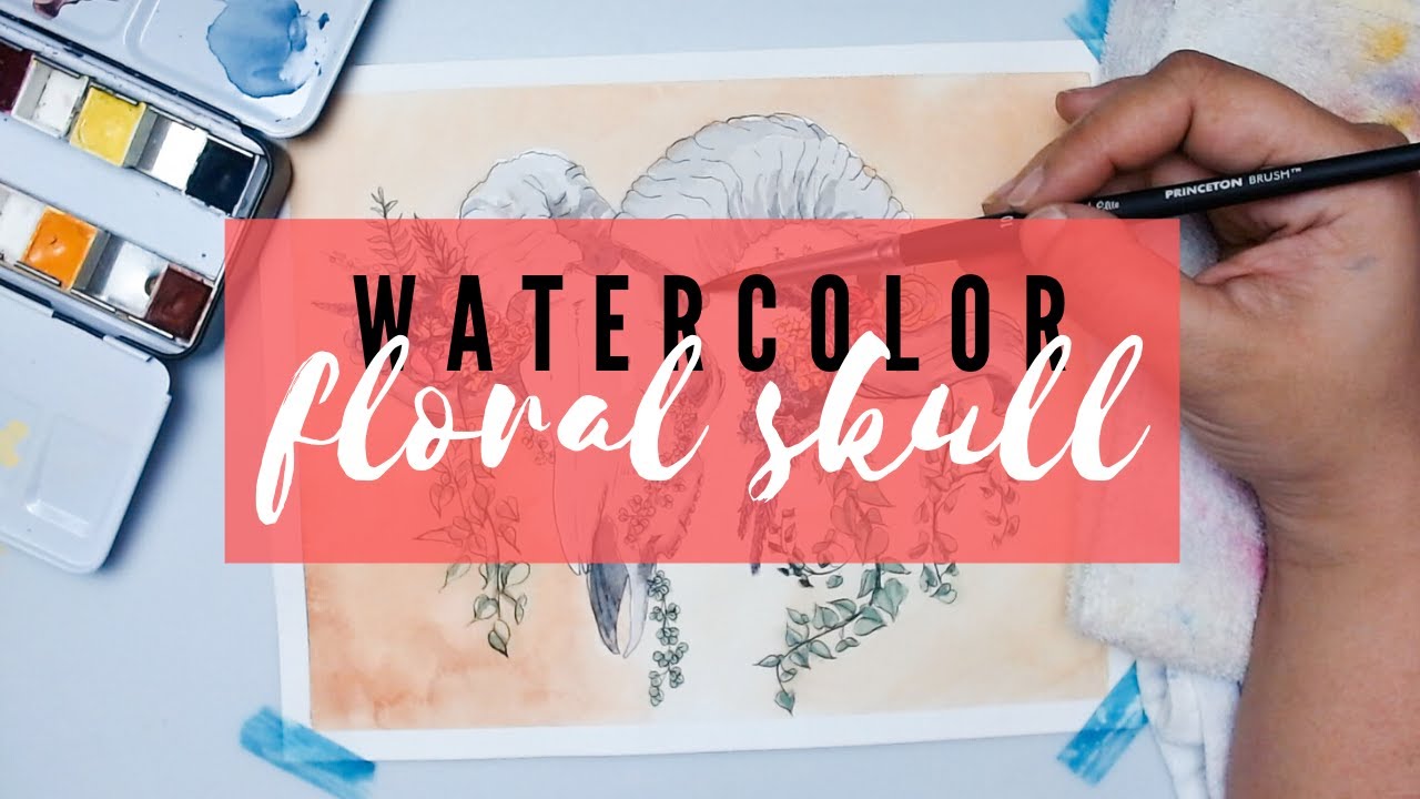WATERCOLOR PAINTING: Skull and flowers ink and watercolor