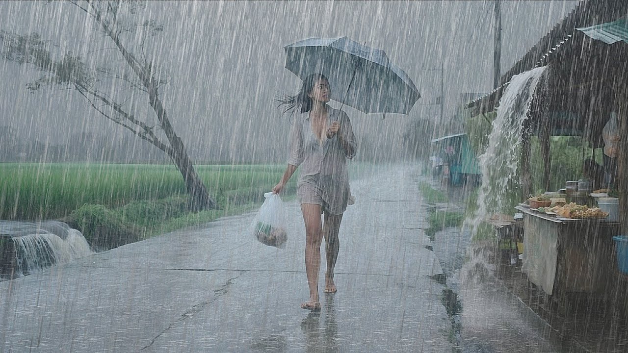Heavy Rain Brings Peace to Rain-Drenched Indonesian Village Streets | Walking in the Rain