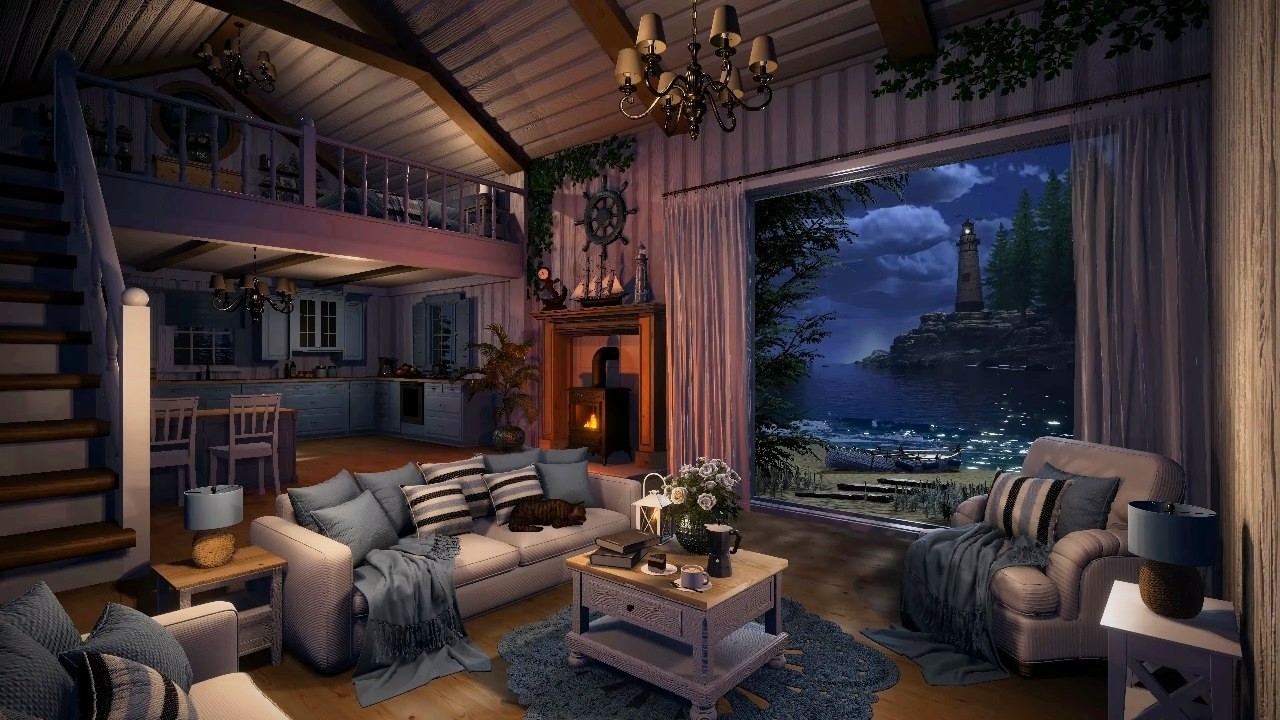 Sandy Shores - Beach House | Night Ambience | Log Burner Fireplace & Soothing Ocean Waves Sounds