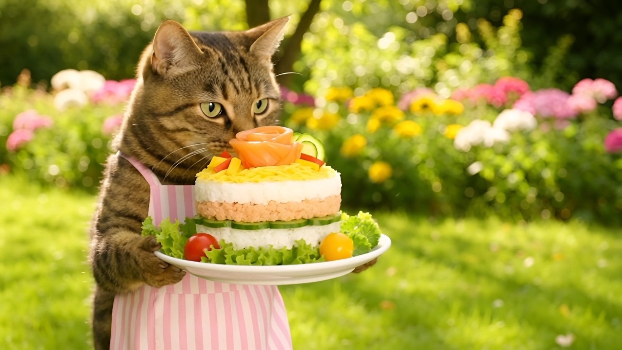 【AI Cat】キジトラ猫アンバーのちらし寿司ケーキ作り！【料理】