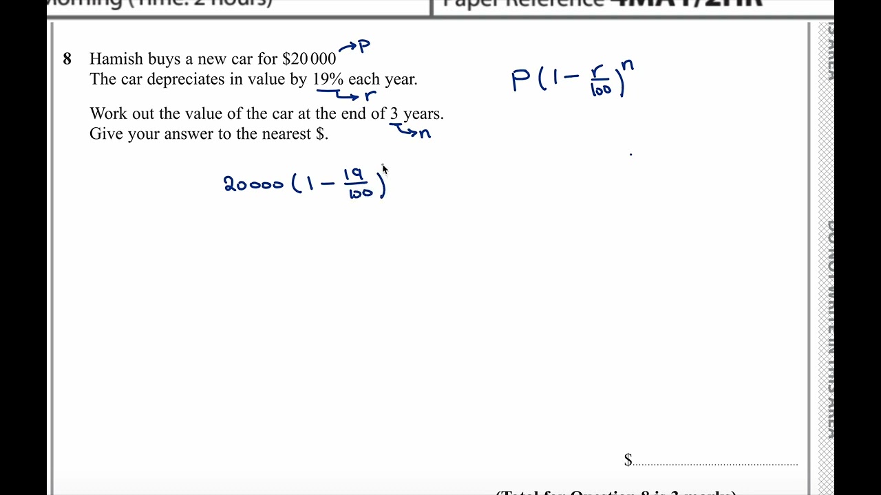 Edexcel IGCSE 4MA1/2HR Jan 2020 – Q[8] | [DEPRICIATION ] Explained Step by Step