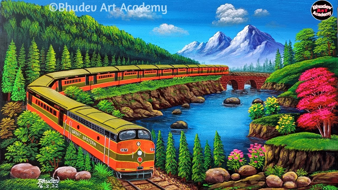 Train Scenery Painting With EarthwaterColour|Train Painting|Mountain Scenery Painting With Train