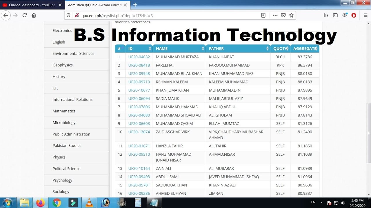 Quaid-e-Azam University | B.S I.T Sixth Merit List 2020