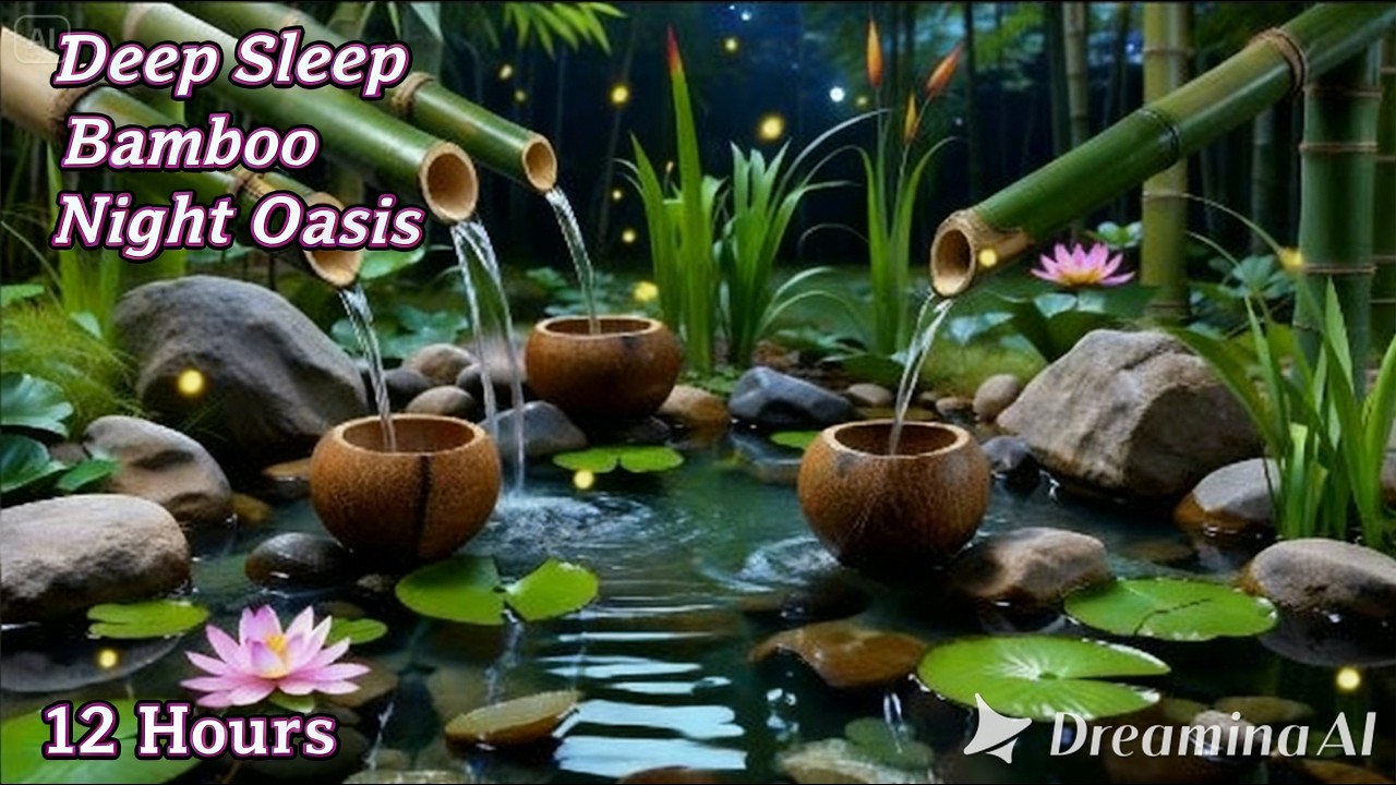 Healing Night Bamboo Garden 🌿 12 Hour Relaxing Fountain Sounds Under the Crescent Moon
