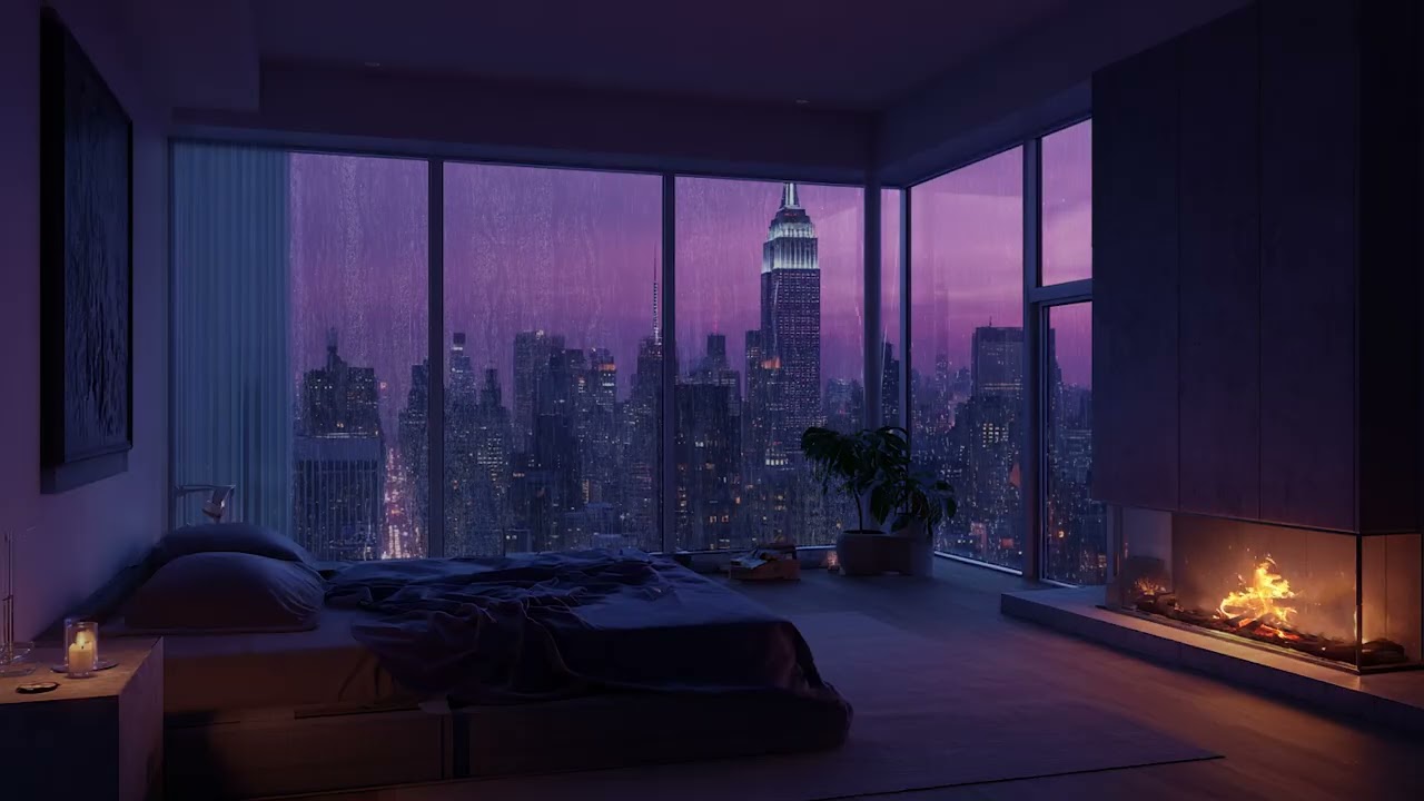 Rainy Night in High-Rise Bedroom 🌃 | Calm Piano & Fireplace for Sleep and Relaxation