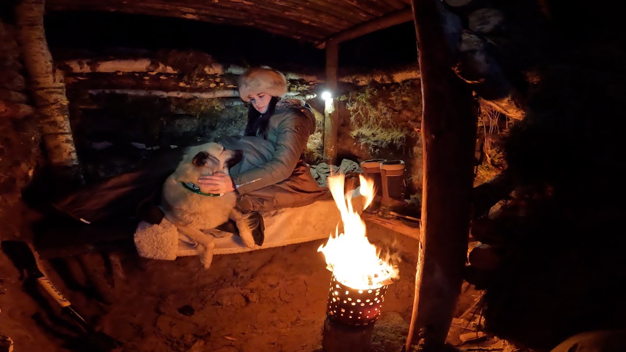 Winter Earth Shelter at -7°C | Fire, Cooking and Silence