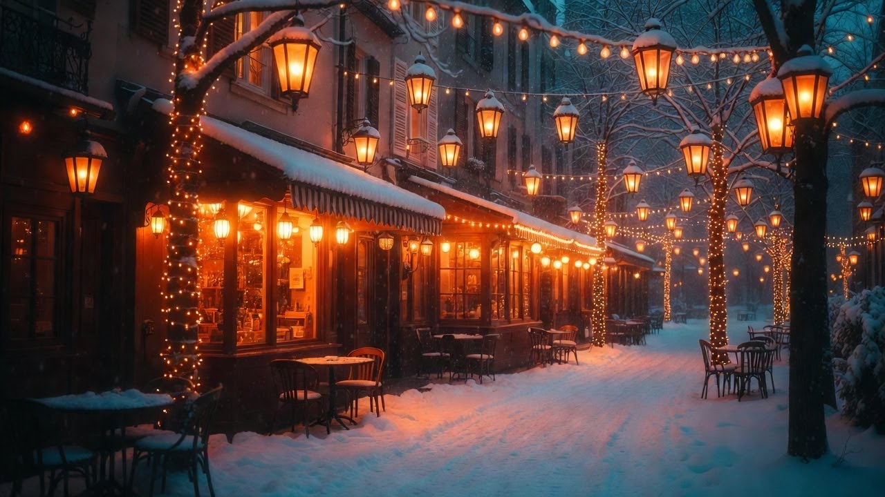 Snowy Winter Evening ❄️ Cozy Street with Glowing Orange Lights | Romantic Winter Ambience for Relax.