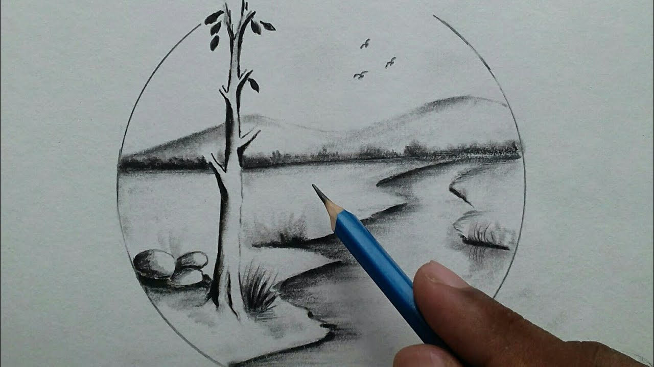 Very easy scenery for beginners / river site scenery drawing with pencil