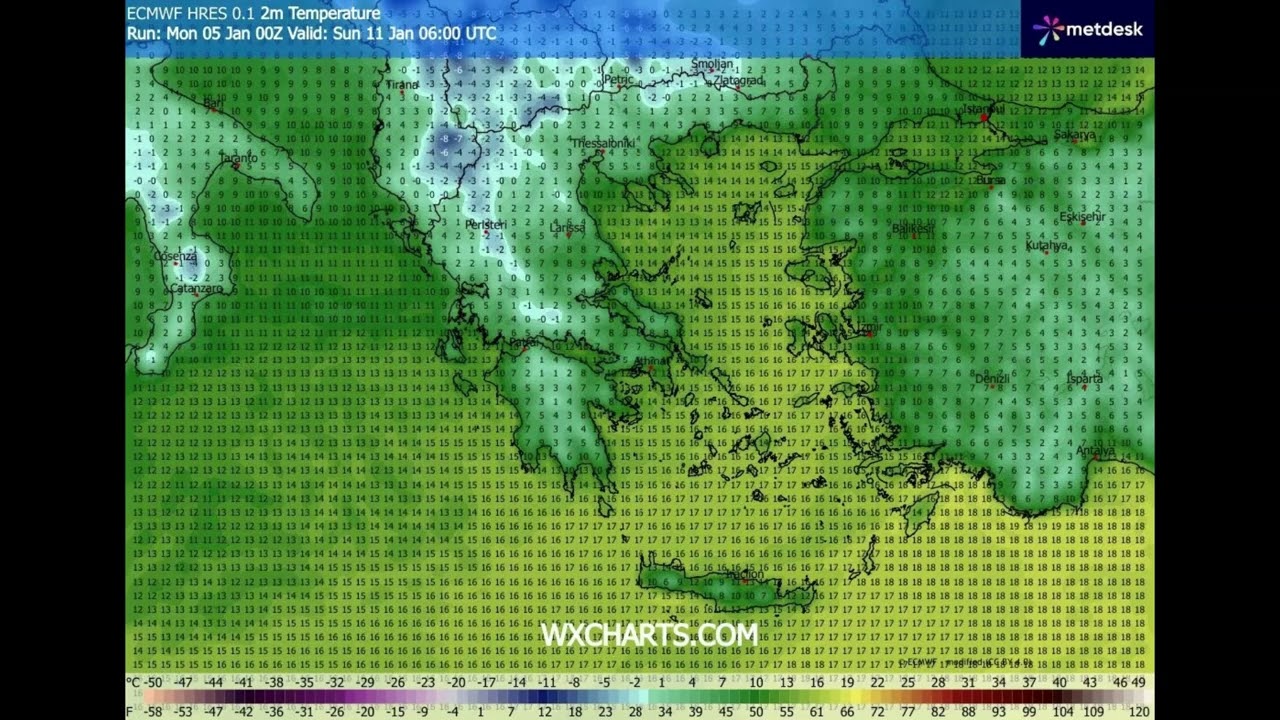 Прогноз погоды ECMWF HRES на 15 дней для Греции | Температура, дождь и снег (WXCharts) 05-01-26