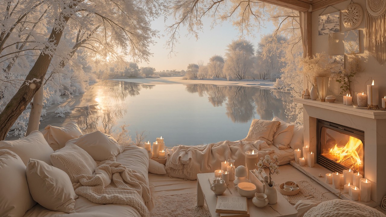 Tranquil Winter Sunrise at the Lakeside Cabin ❄️ Crackling Fireplace & Relaxing Piano For Work