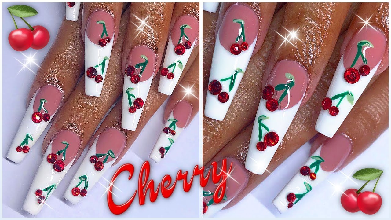 🍒 Apres Method Gel Cherry French White Tips Coffin Bling  🍒