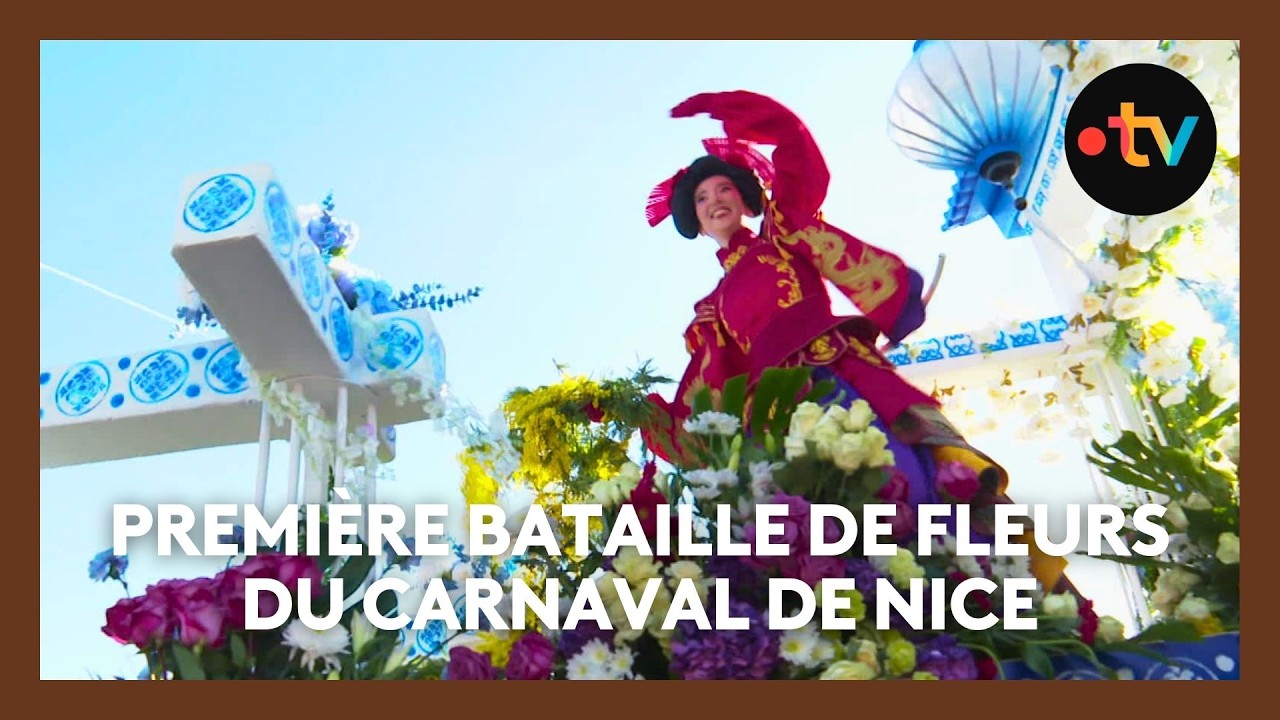100 000 fleurs lancées aux spectateurs du Carnaval de Nice lors de la première bataille fleurie