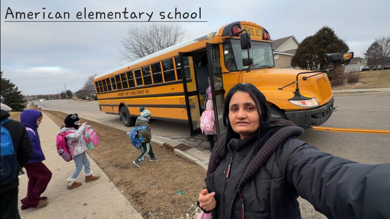 American elementary school માટે ચાલો Nira ને મુકવા અને લેવા જઈએ bus stop પર.