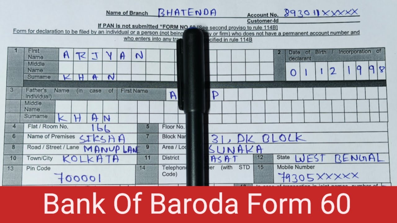 Bank Of Baroda Form 60 Fill Up | BOB New Form 60 | Bank Of India Form 60