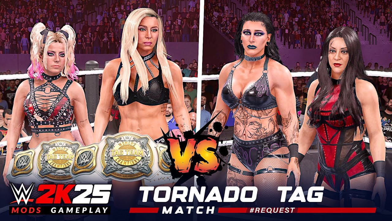 WWE 2K25 Alexa Bliss Charlotte Flair vs Rhea Ripley Stephanie Vaquer for Women's Tag Championship