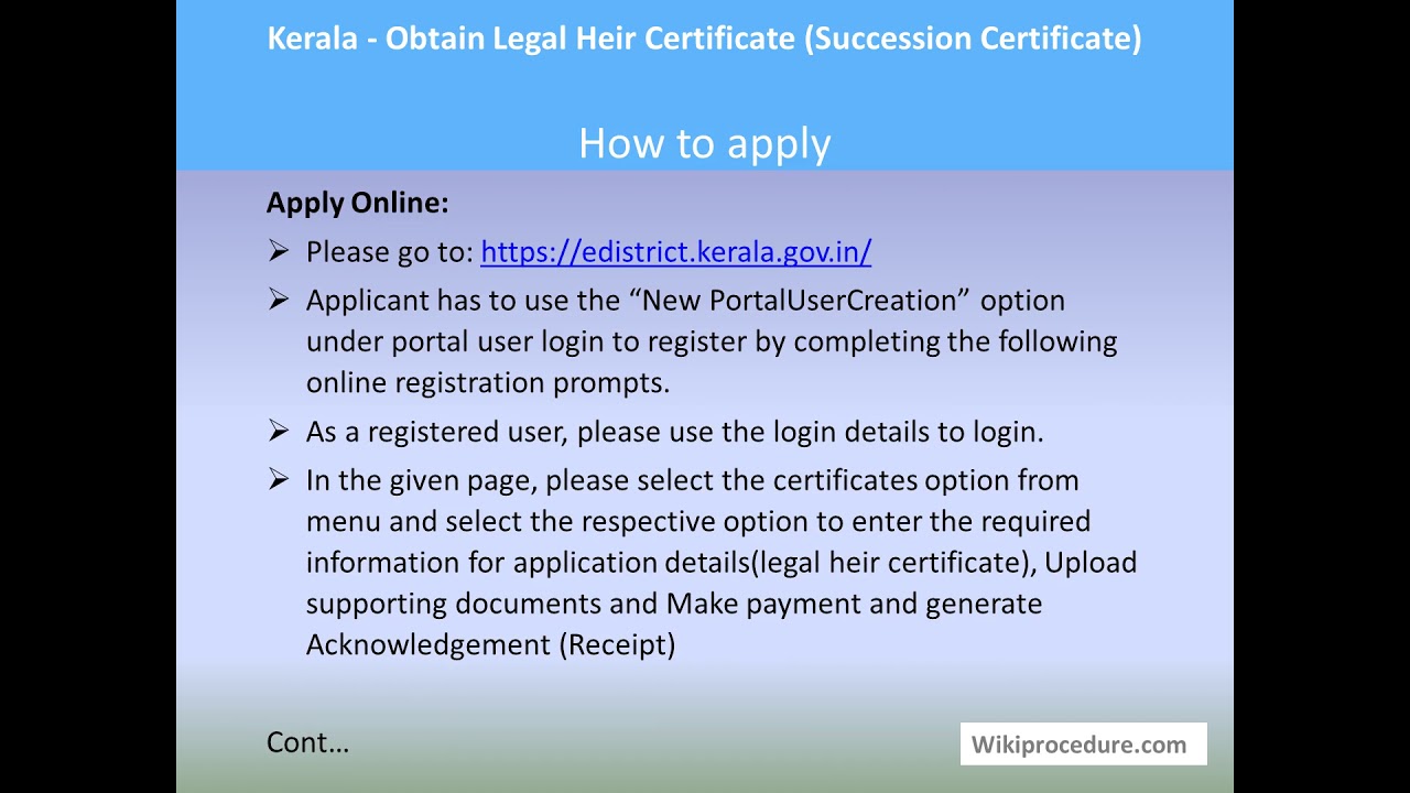 Kerala - Online Obtain Legal Heir Certificate (Succession Certificate)