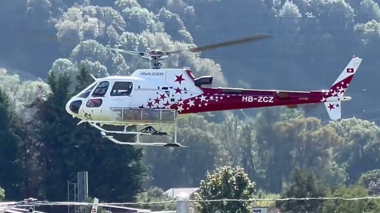 Eurocopter H125 Ecureuil AS350B3 HB-ZCZ Air Glaciers landing Sion airport Switzerland 05.10.2023