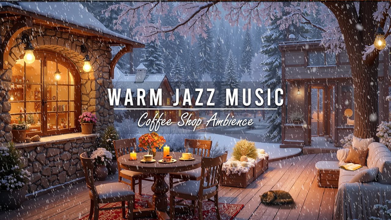 Winter Coffee Porch Ambience with Warm Jazz Music ⛄ Soft Jazz Background Music & Crackling Fireplace