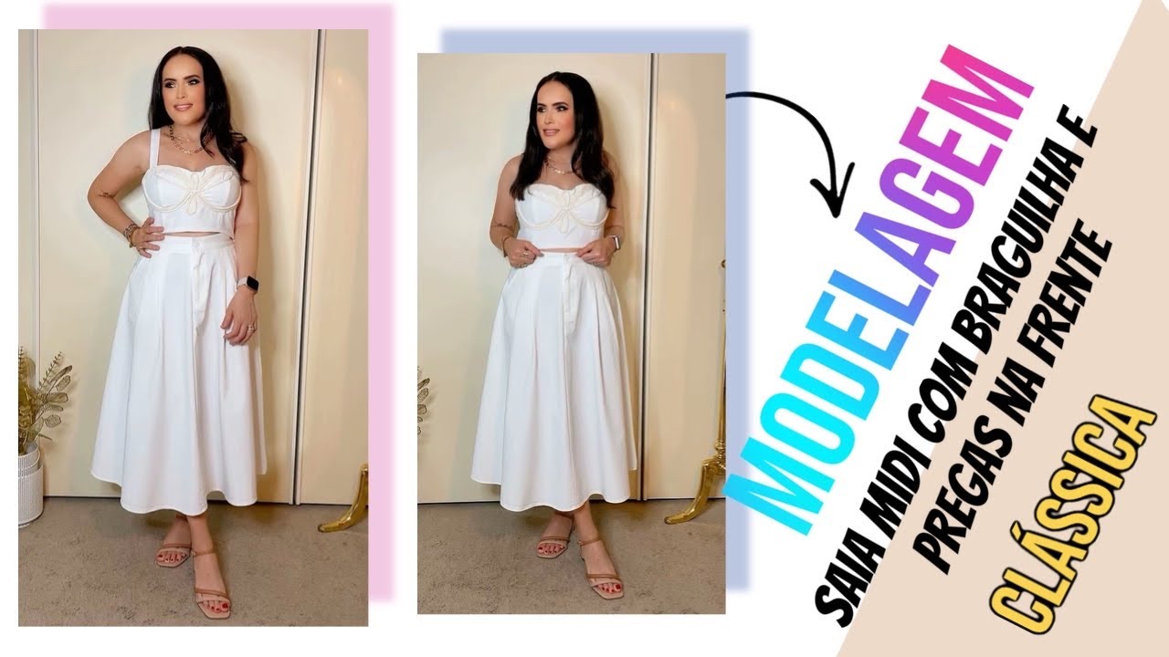 MODELAGEM SAIA EVAS&Ecirc; MIDI COM BRAGUILHA BOLSOS E PREGAS NA FRENTE (Cl&aacute;ssica e muito linda)