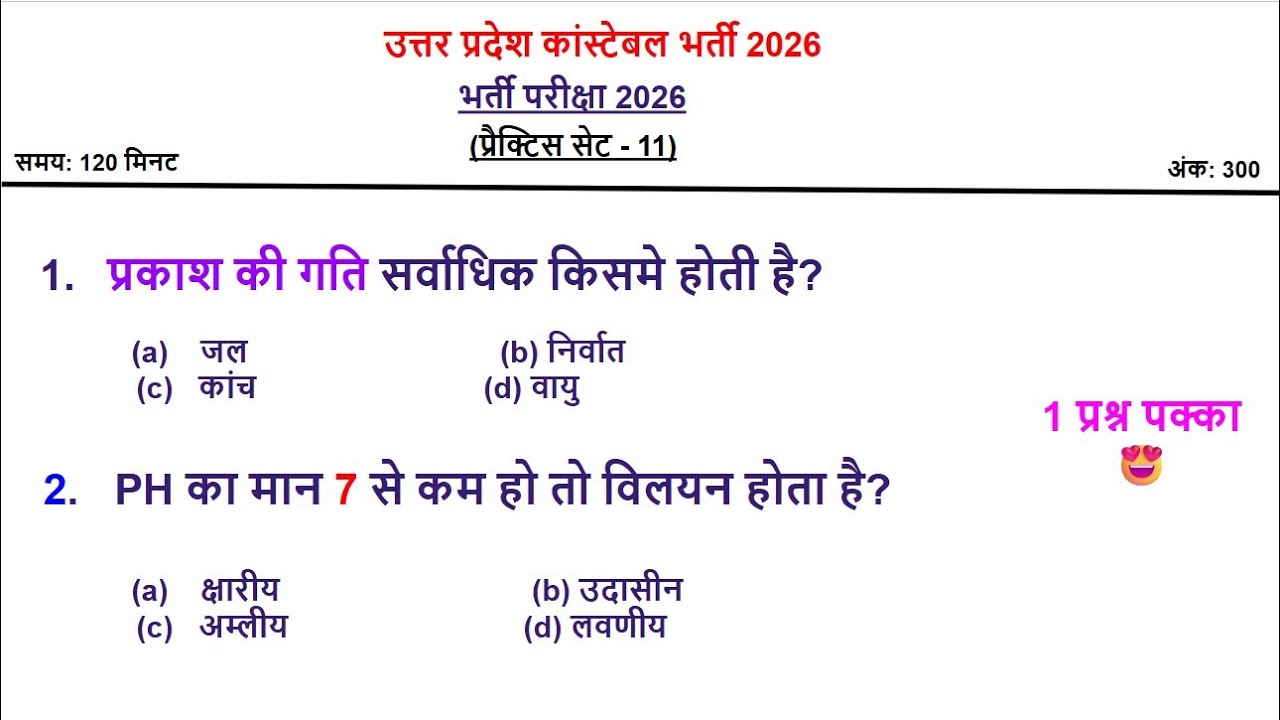 Physics & Chemistry MCQ | Up police constable & Homeguard 2026 Gk | Practice Set 11 | 2026 Exam 