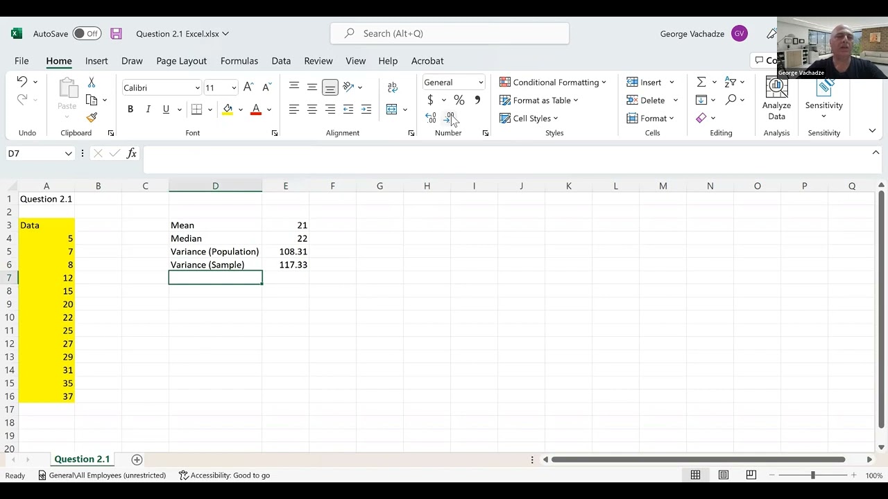 Question 2.1 Excel - How to find central moments in statistics using excel?