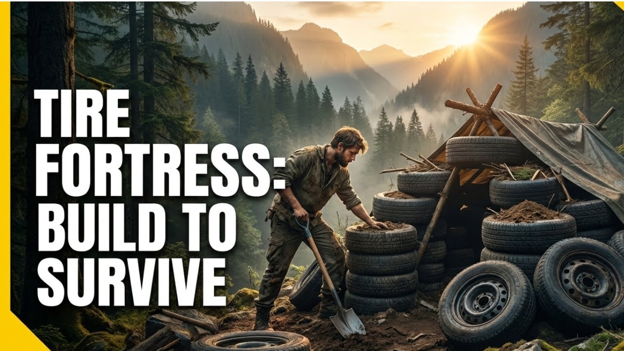 He Built a Mountain Shelter Using Old Tires #mountainsurvival