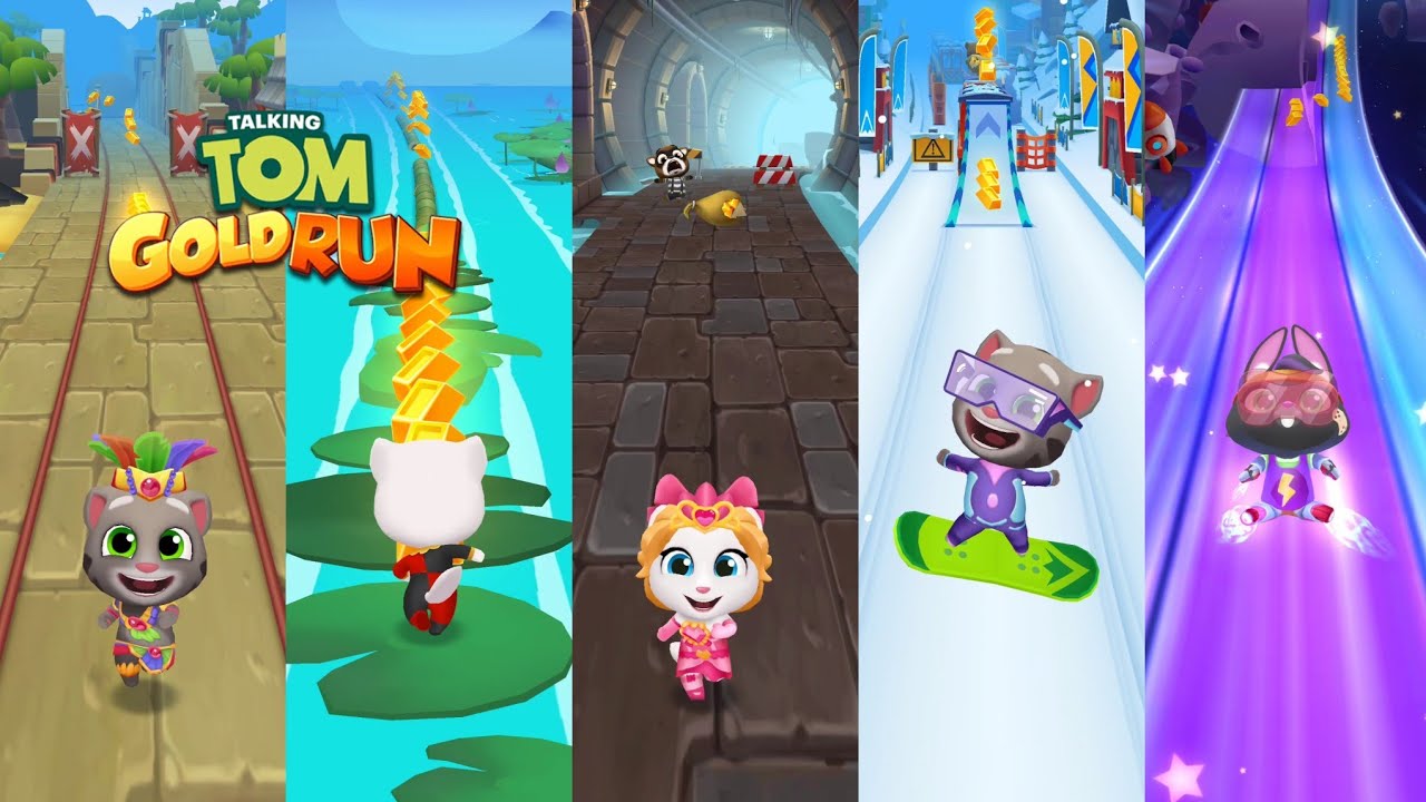 Talking Tom Gold Run Lost City vs Water Village vs Catch The Raccoon vs Snowboard vs Space Gameplay