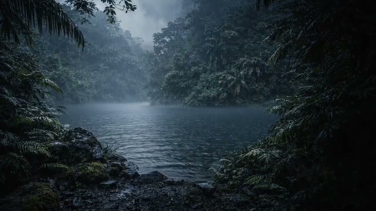 Rain in a Tropical Rainforest Lake at Night | Relaxing Rain Sounds for Sleep (4 Hours)