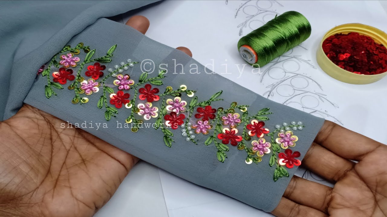 Eye catching hand embroidery sleeve design with long french knot sequins flower|border embroidery