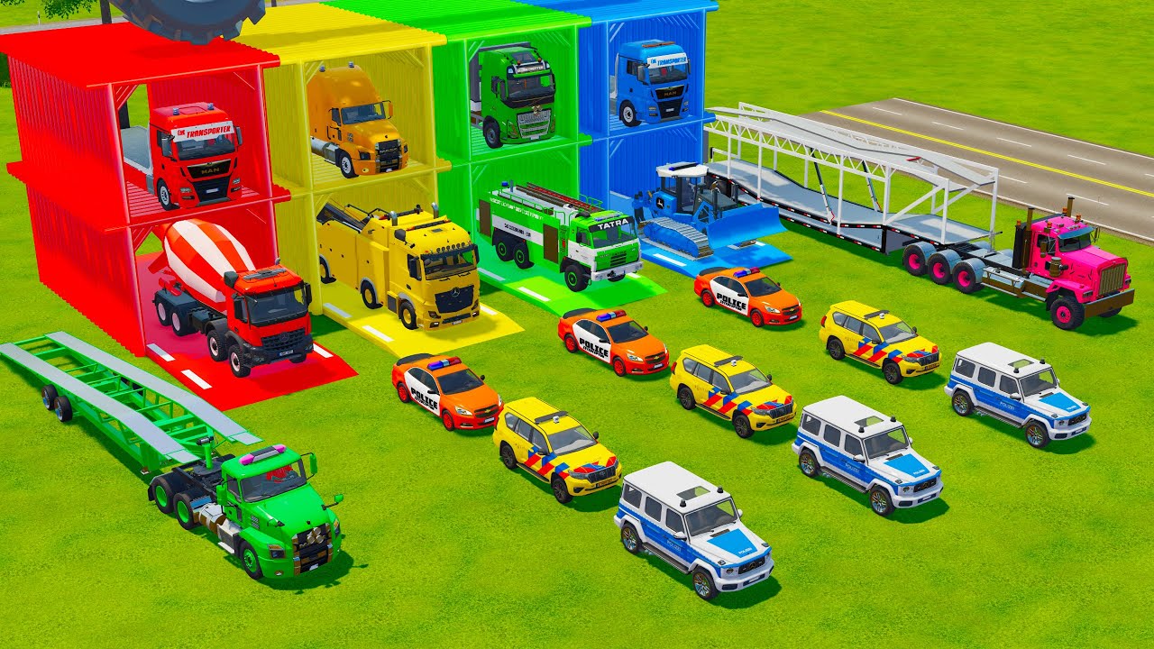 TRANSPORTING ALL POLICE CARS, RESCUE & FIRE TRUCK, BULLDOZER, CONCRETE MIXER TO GARAGE - FS22