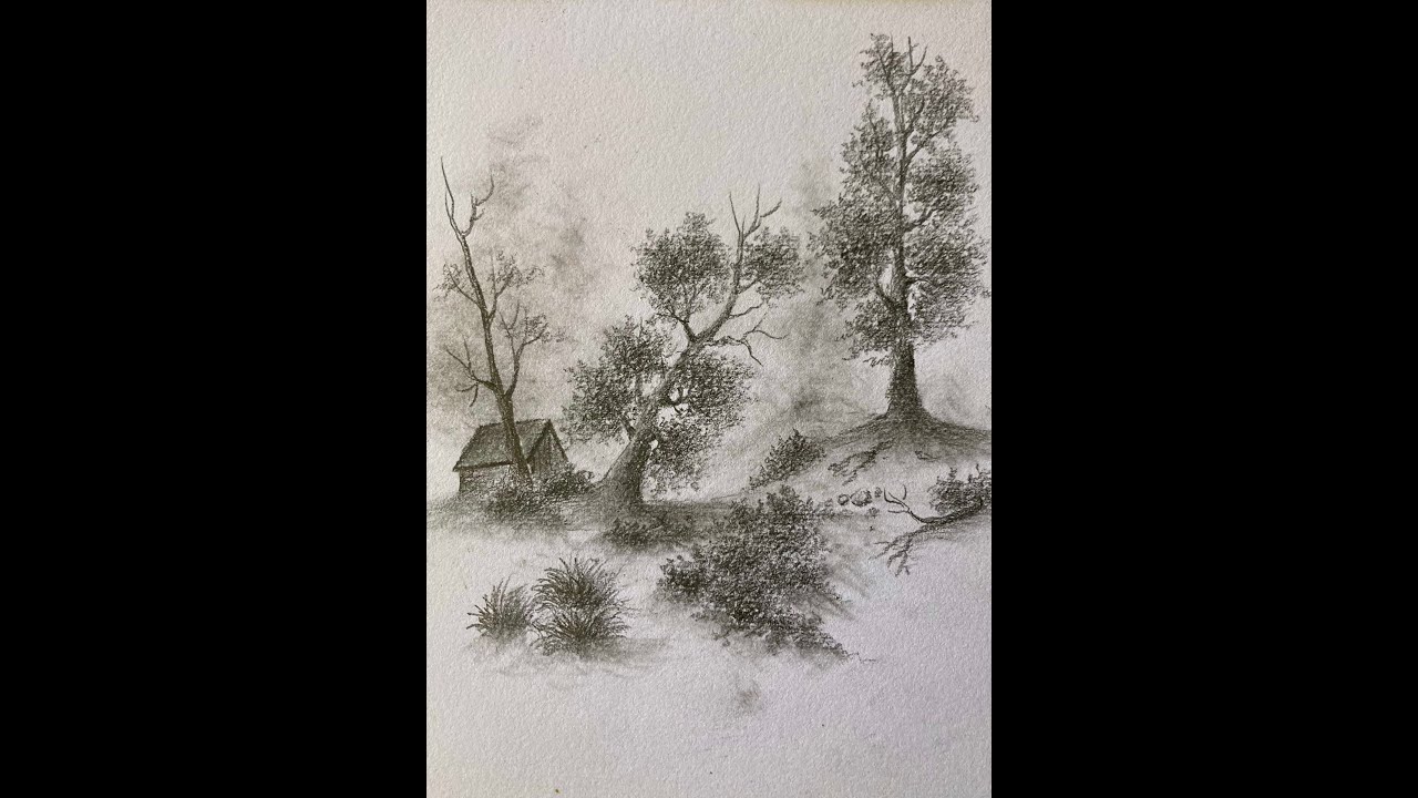 Pencil Drawing of a Cabin Among Leaning Trees and Misty Bushes